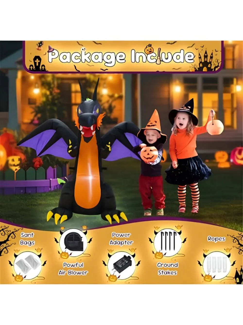 4FT Purple Dinosaur Halloween Inflatable Decor with LED Lights